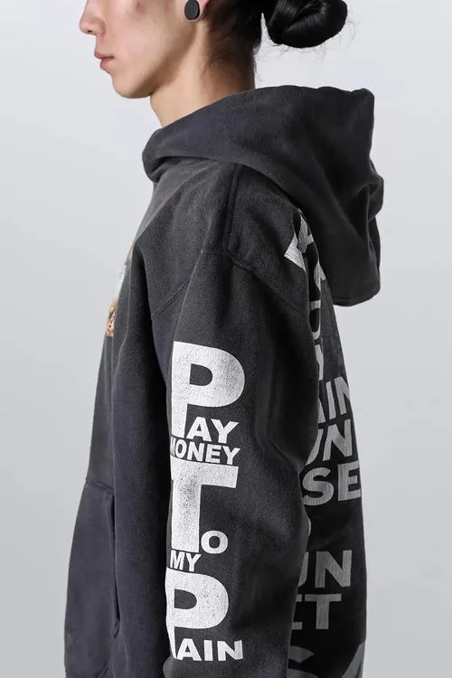 SAINT Mxxxxxx × PAY MONEY TO MY PAIN PTP_HOODIE/BRAND MONEY/BLK Co-branded PTP Virgin Mary dollar hoodie Washed black S-XL Assute dyeing The whole piece is sprayed with horse fade Mold customization joint main mark/washed mark Factory four-needle and six-thread workmanship No bone seams More comfortable to wear Repeated modification of proofing Authentic grade crack printing VINTAGE value is full
